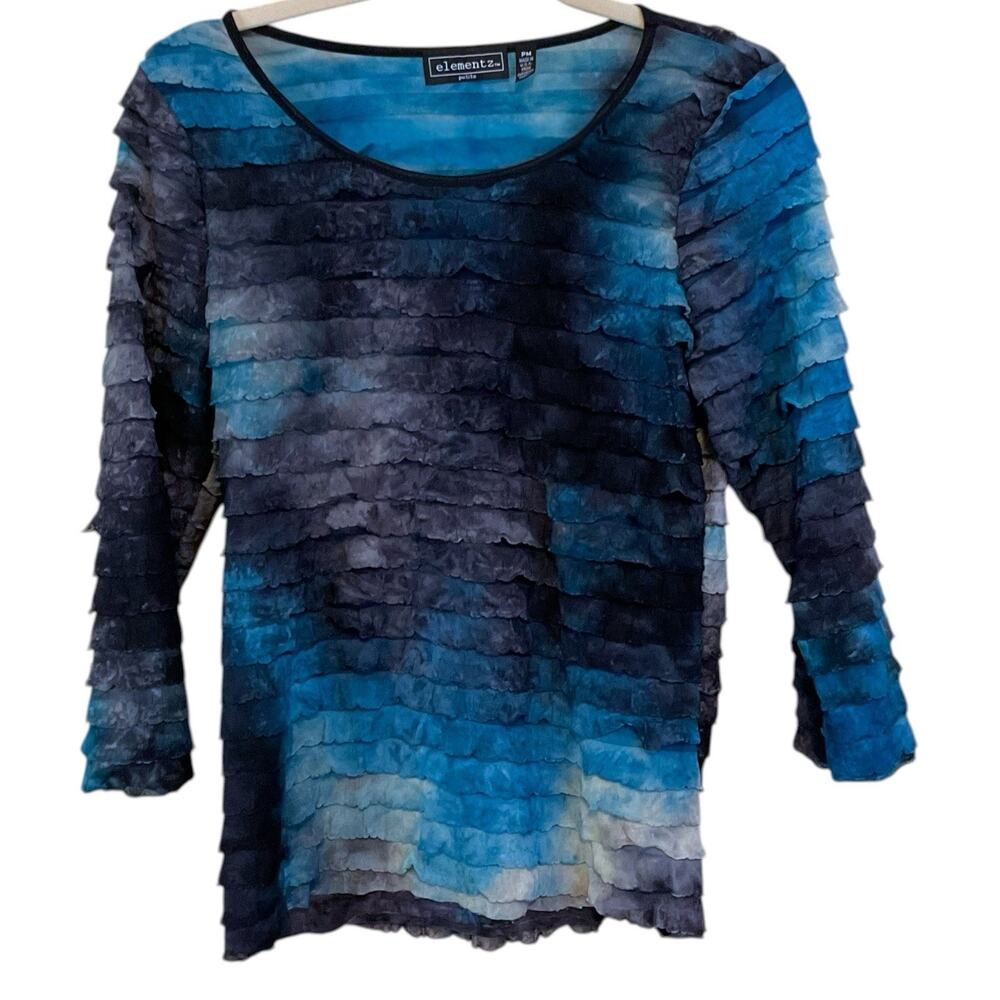 Elements Artsy Tiered 3/4 Sleeve Top Women's Petite M Blue Black Boho Y2K 90s - Picture 2 of 5